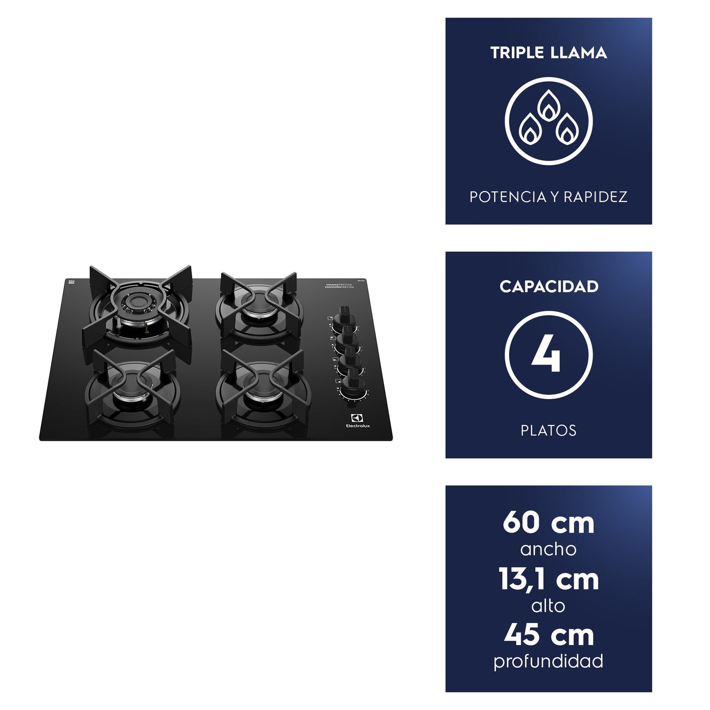 Encimera a Gas 4 Platos Experience Triple Llama KE4GC Electrolux4#Negro