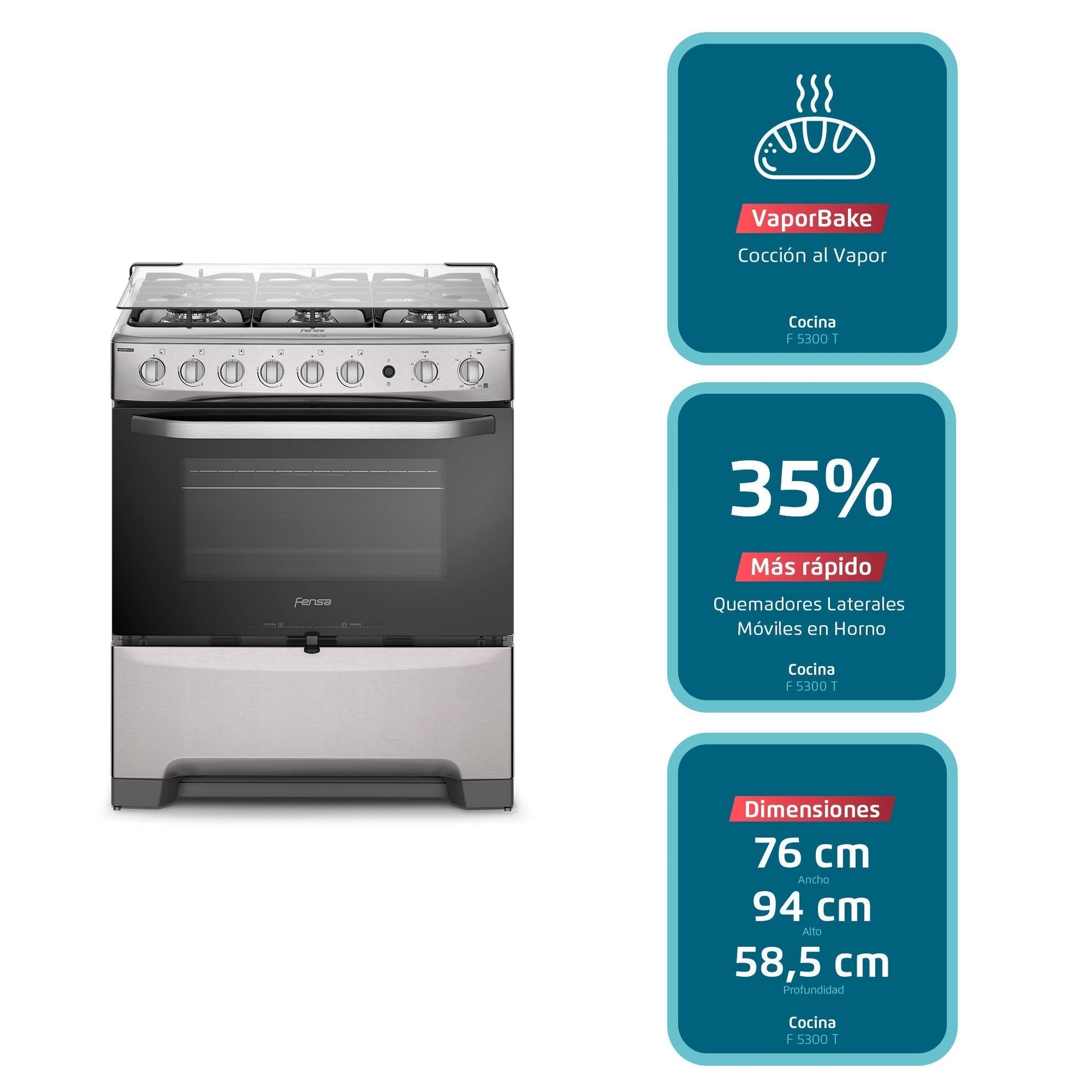 Cocina a Gas 6 Platos VaporBake y Timer F 5300 T Fensa6#Acero