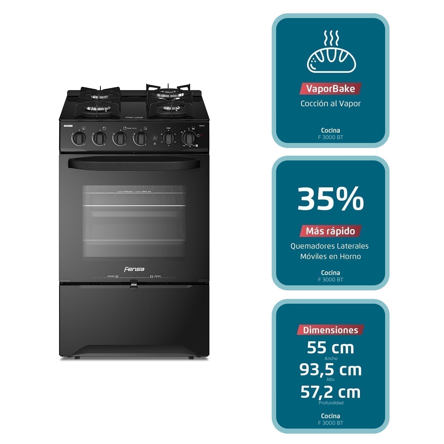 Cocina a Gas 4 Platos Cubierta Vidrio F 3000 BT Fensa7#Negro