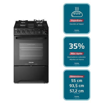 Cocina a Gas 4 Platos Cubierta Vidrio F 3000 BT Fensa7#Negro