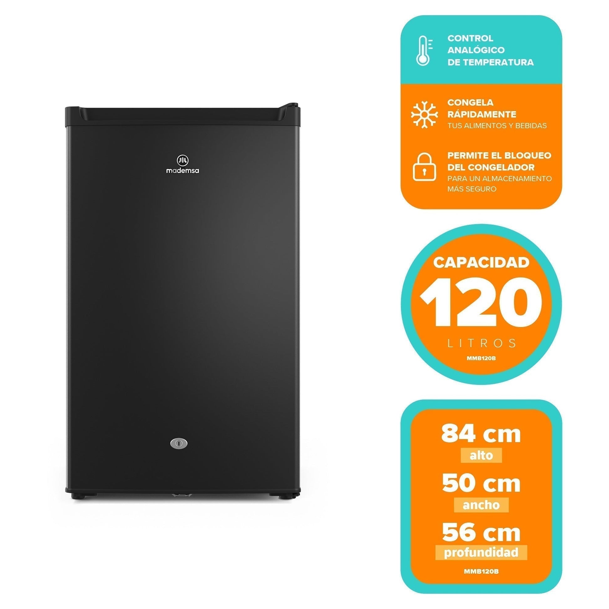 Frigobar 120L Frío Directo con Llave y Luz LED MMB120B Mademsa6#Negro