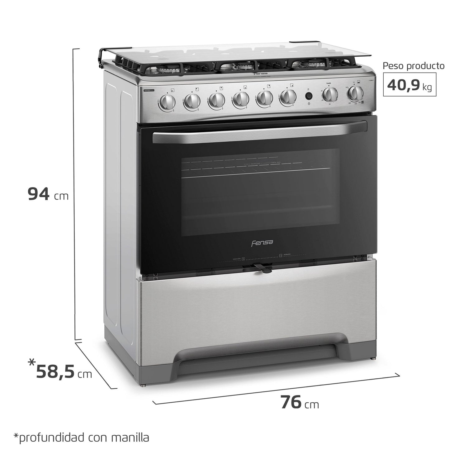 Cocina a Gas 6 Platos VaporBake y Timer F 5300 T Fensa3#Acero