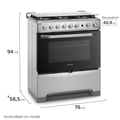 Cocina a Gas 6 Platos VaporBake y Timer F 5300 T Fensa3#Acero