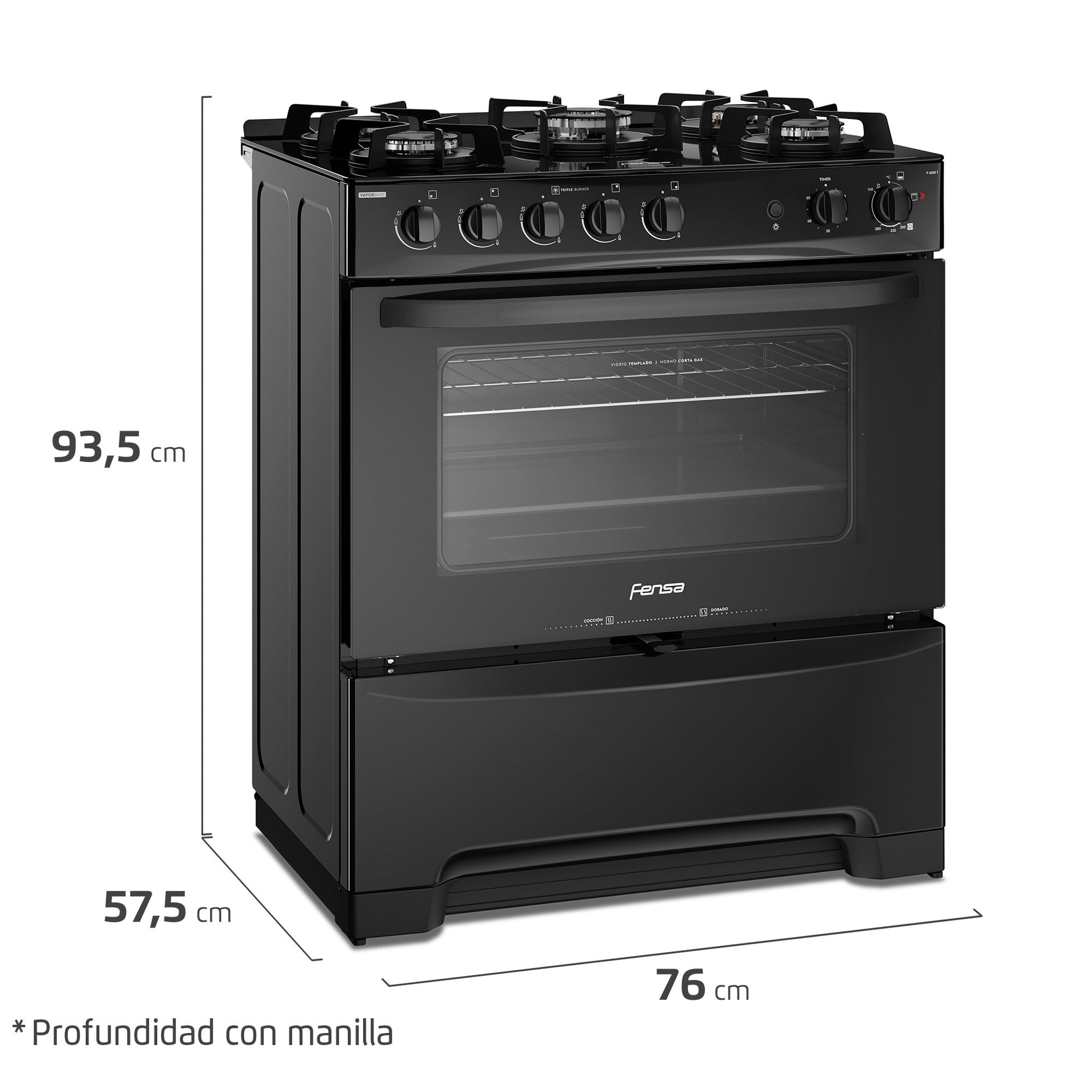 Cocina a Gas 5 Platos Cubierta Vidrio F 6500 T Fensa3#Negro