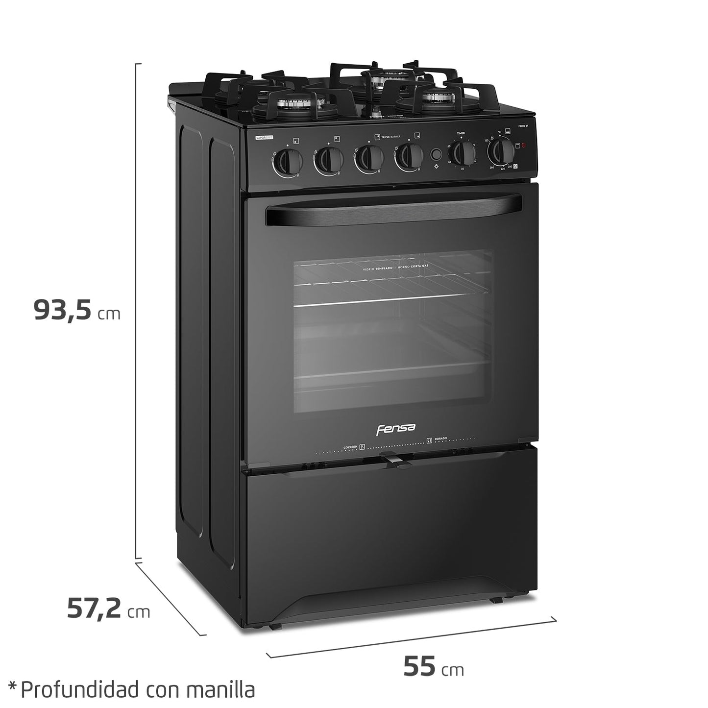 Cocina a Gas 4 Platos Cubierta Vidrio F 3000 BT Fensa3#Negro