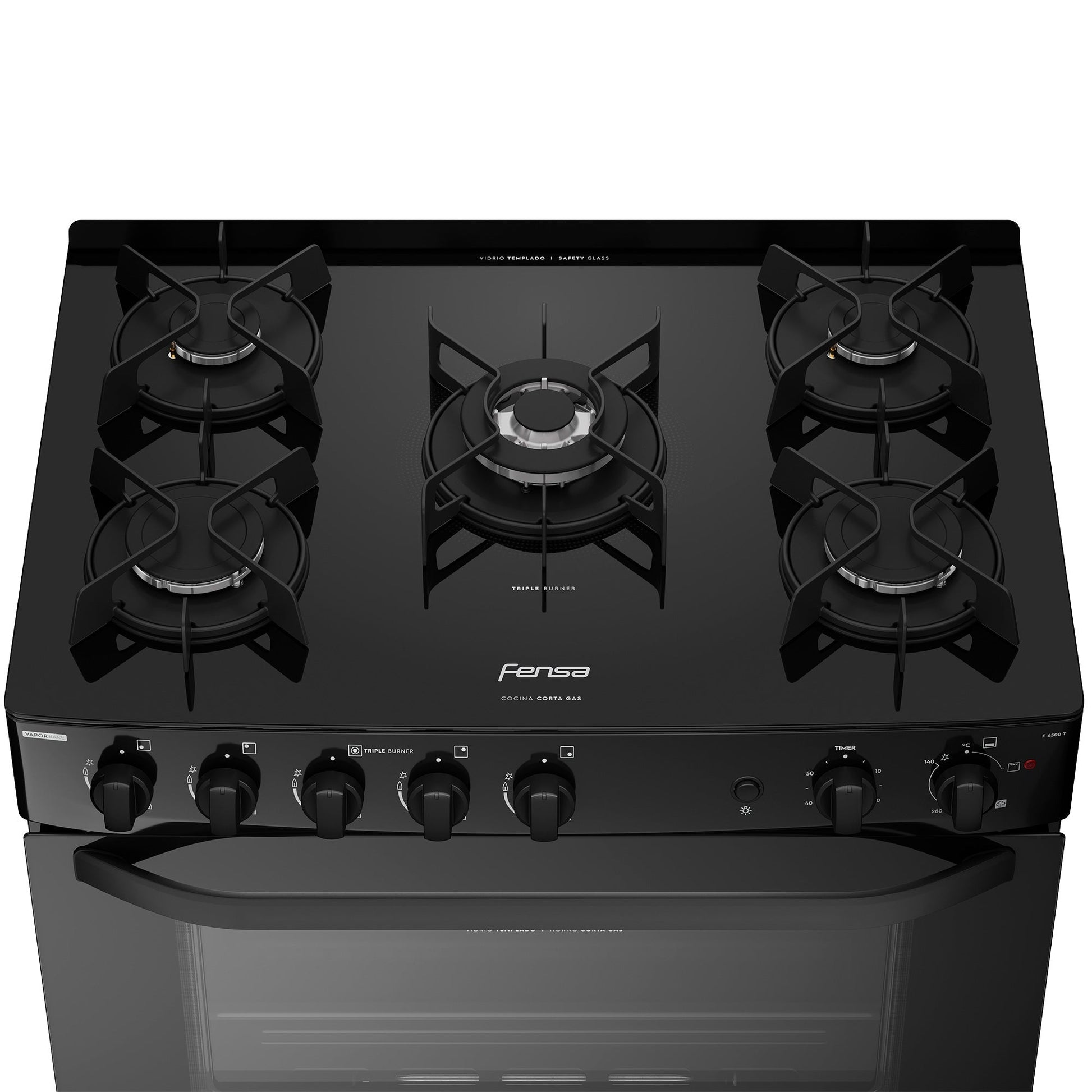 Cocina a Gas 5 Platos Cubierta Vidrio F 6500 T Fensa5#Negro