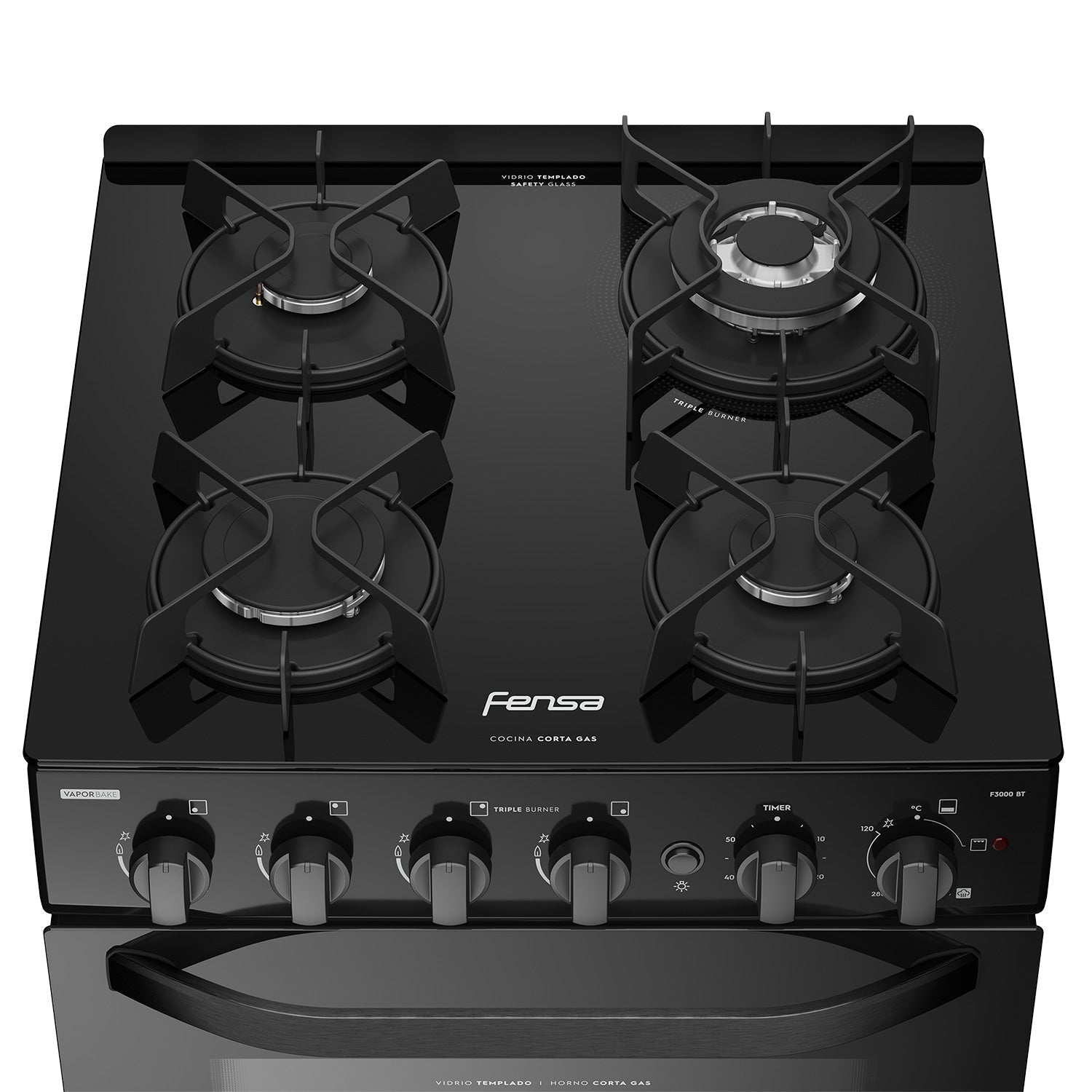 Cocina a Gas 4 Platos Cubierta Vidrio F 3000 BT Fensa8#Negro