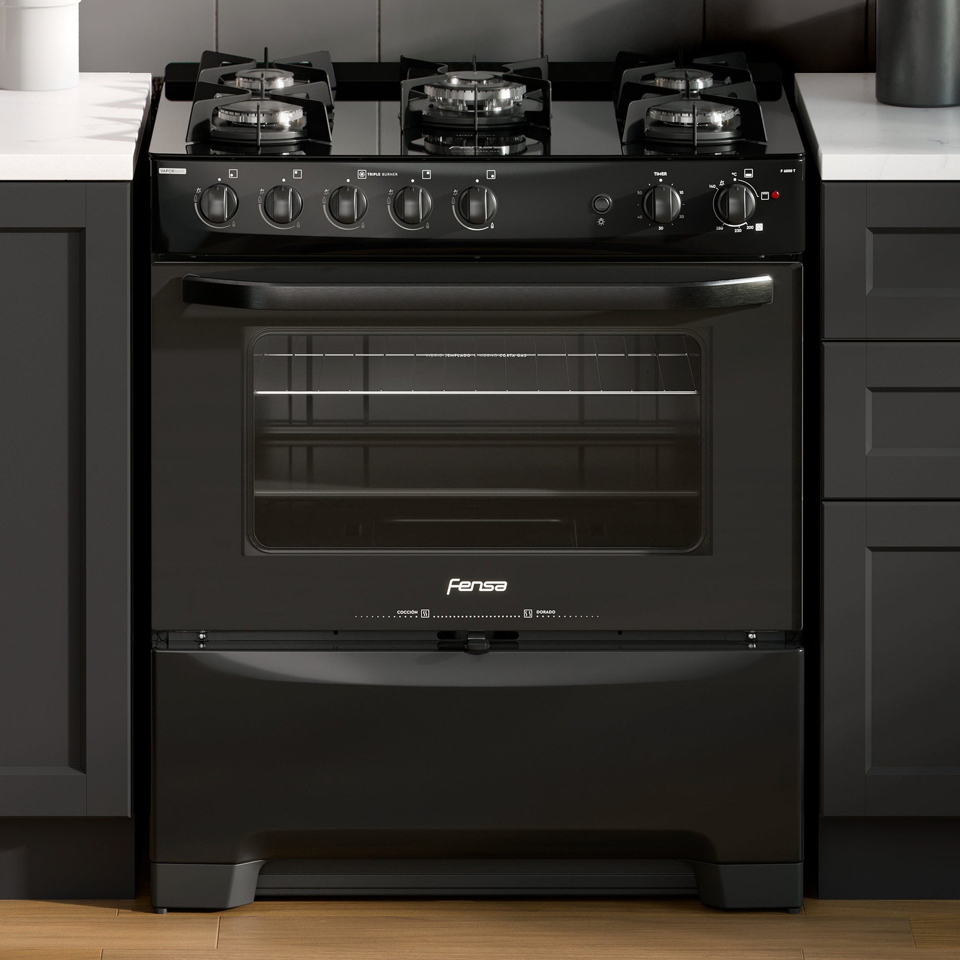 Cocina a Gas 5 Platos Cubierta Vidrio F 6500 T Fensa1#Negro