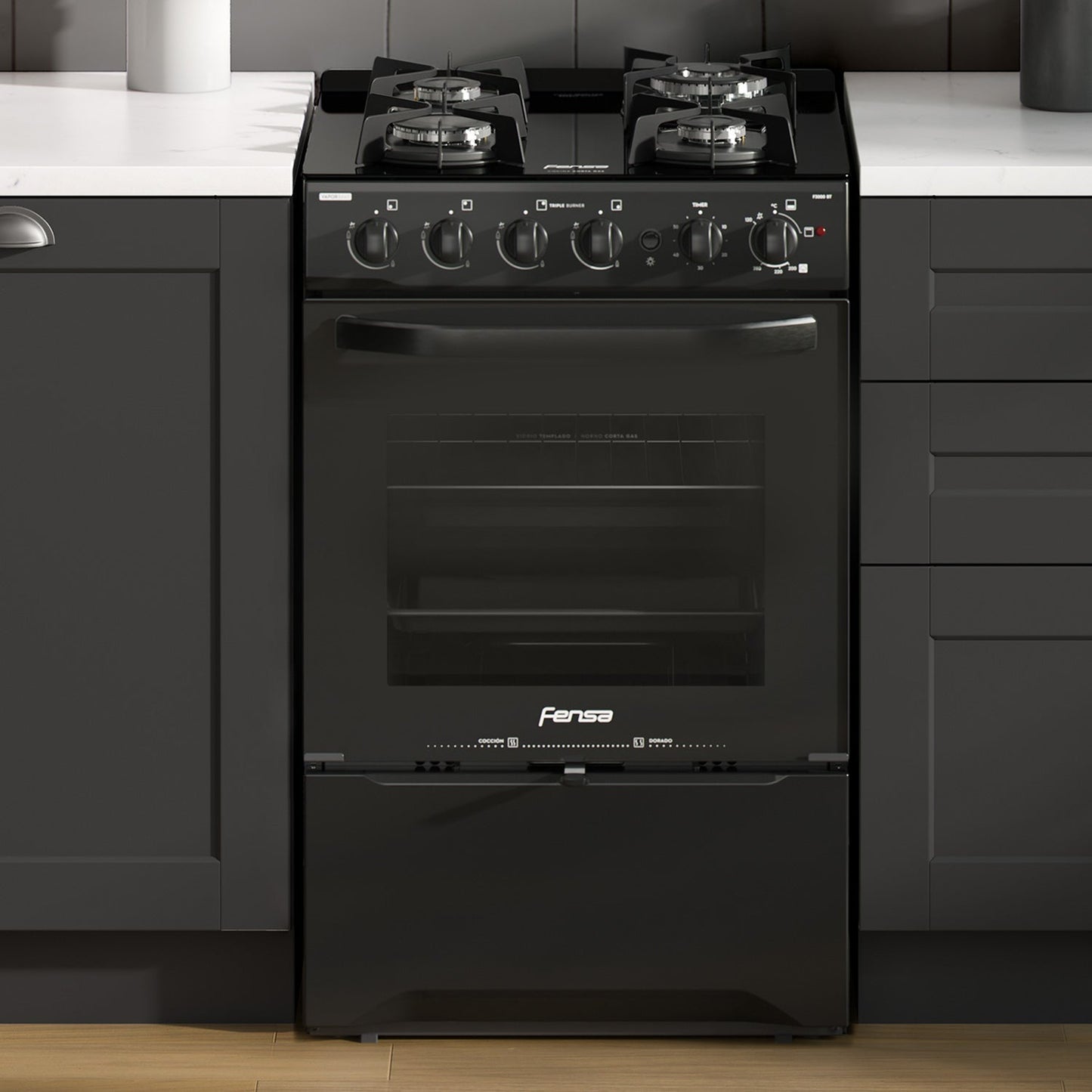 Cocina a Gas 4 Platos Cubierta Vidrio F 3000 BT Fensa1#Negro