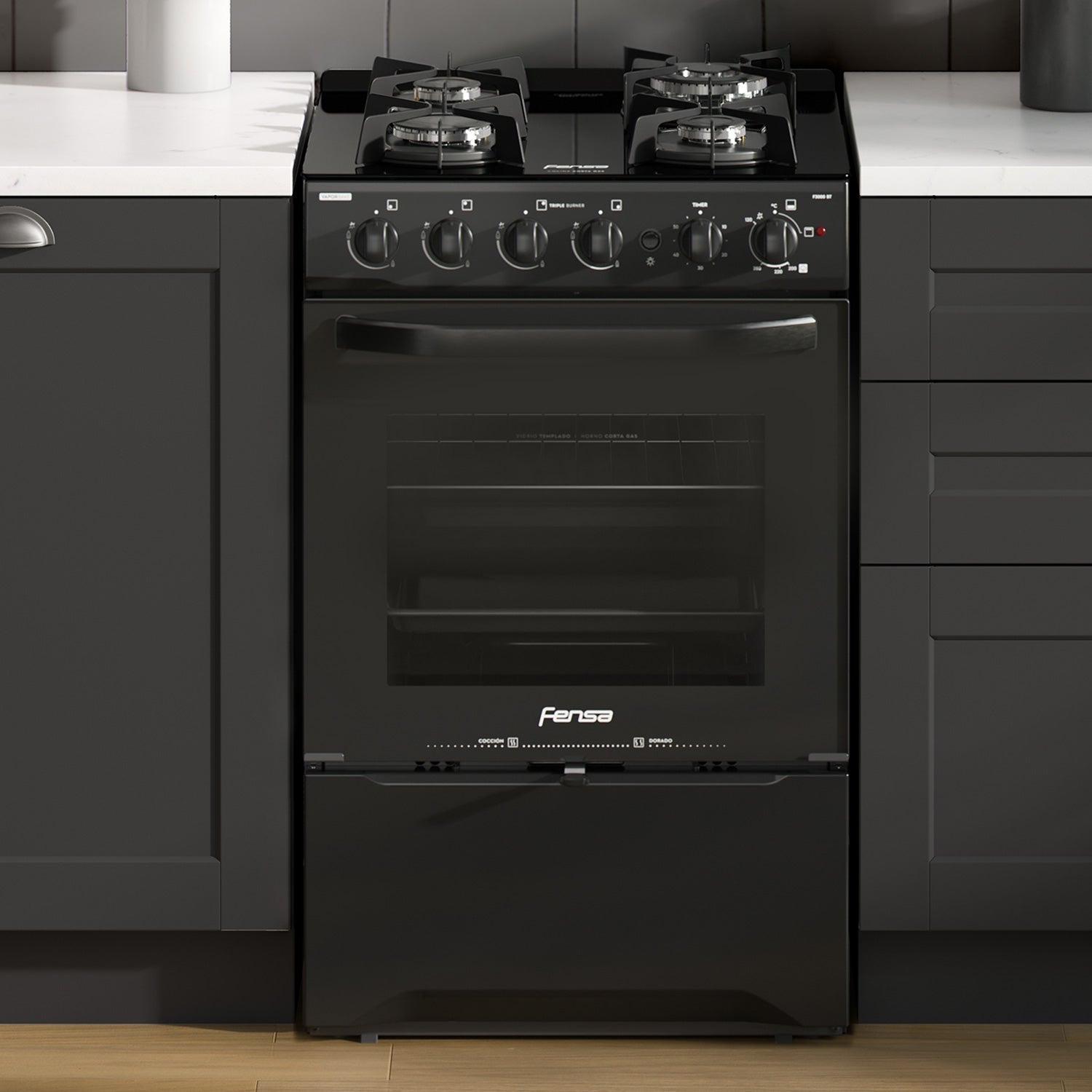 Cocina a Gas 4 Platos Cubierta Vidrio F 3000 BT Fensa1#Negro