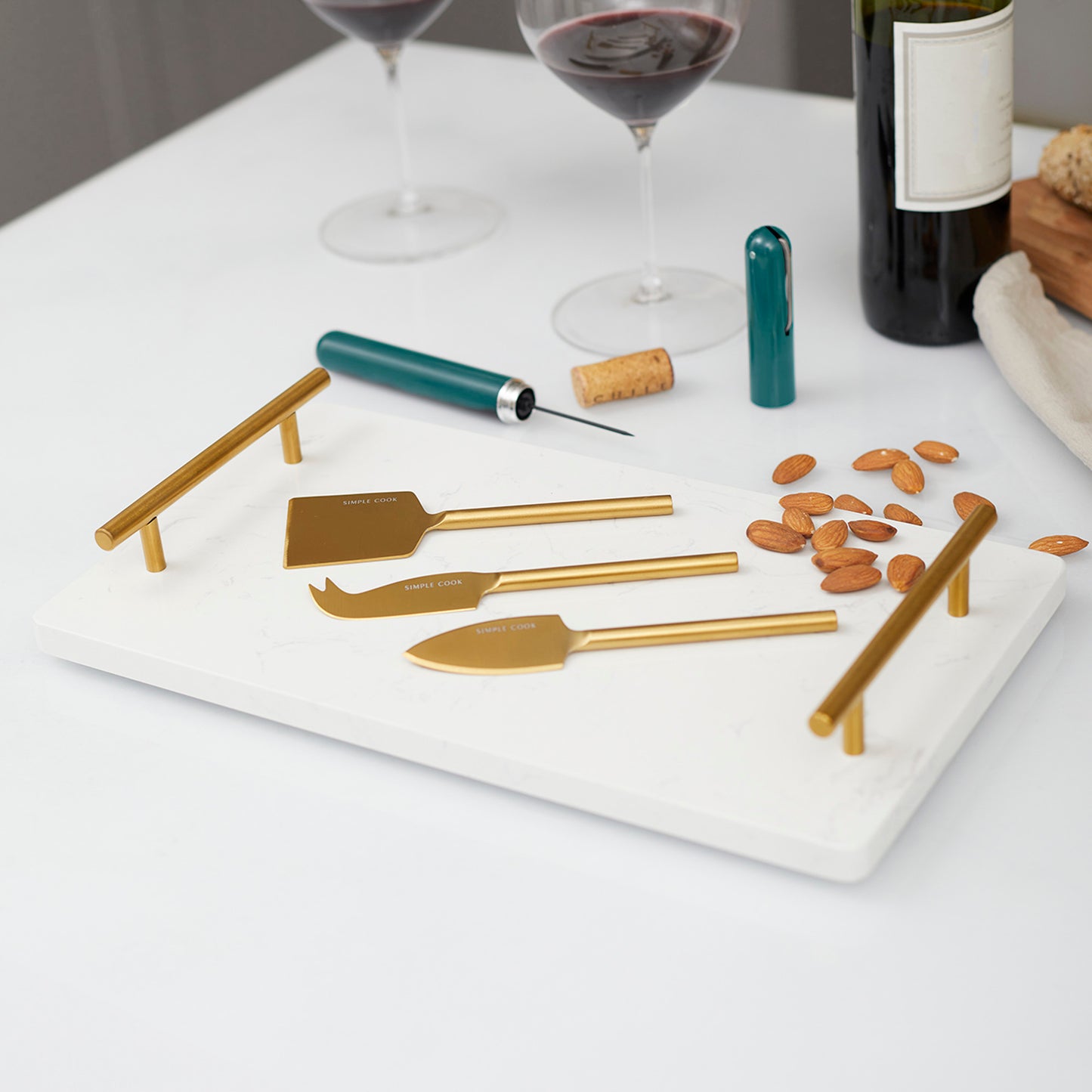 Kit Set Descorchador Dominius + Set Tabla De Aperitivo Element + 3 Cuchillos