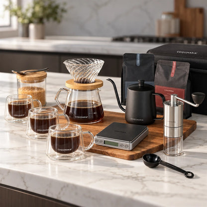 Kit Set 4 Tazas de Espresso 80 ml Coquinaria + Set Cafetera Goteo Coquinaria