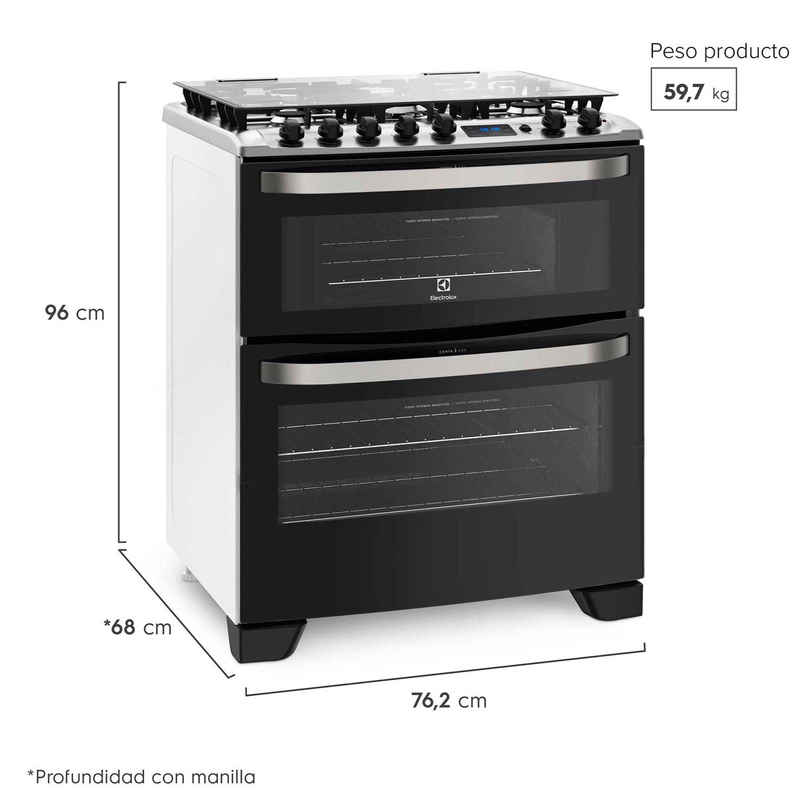 Cocina a Gas 5 Platos Doble Horno Timer Digital 76DBA Electrolux3#Negro
