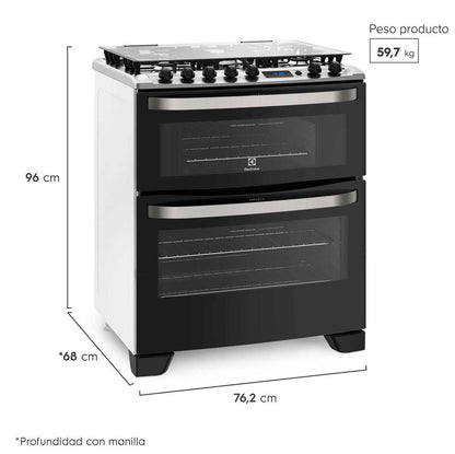 Cocina a Gas 5 Platos Doble Horno Timer Digital 76DBA Electrolux3#Negro
