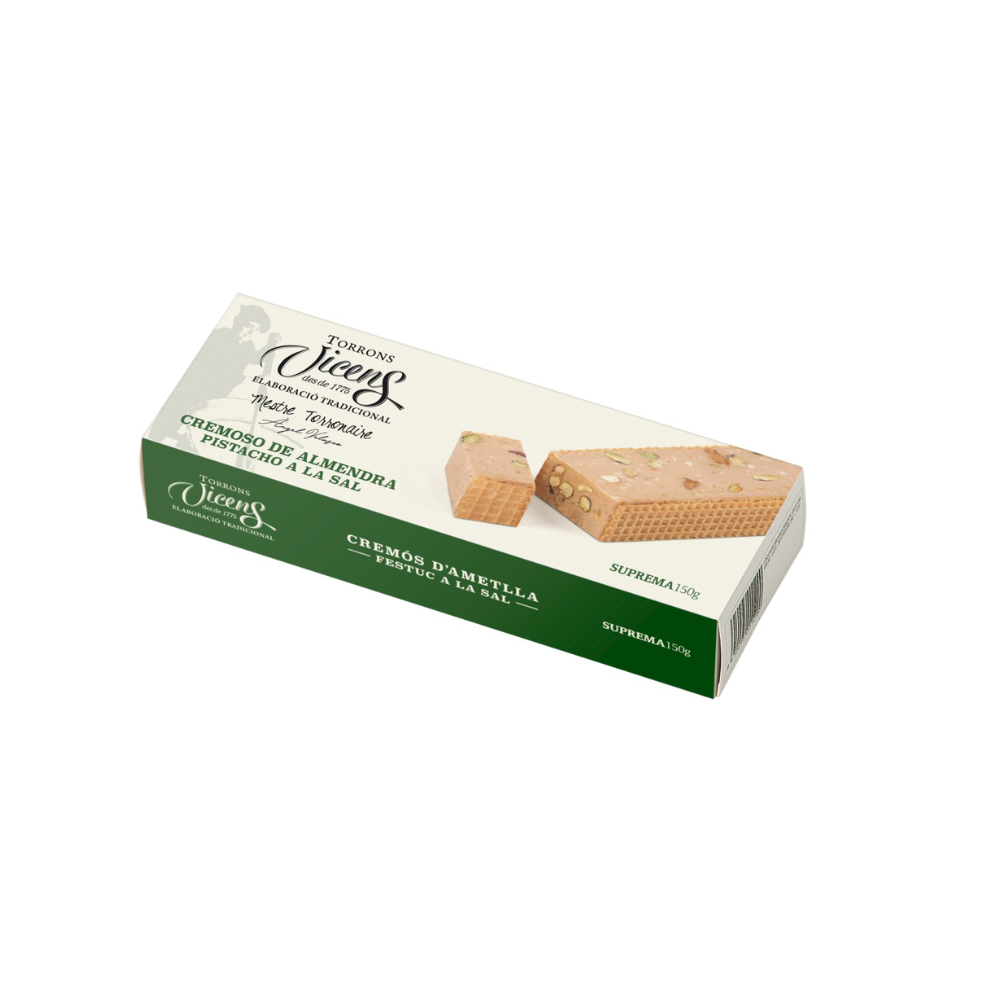 Turron cremoso de almendra con pistacho a la sal 150 grs Vicens