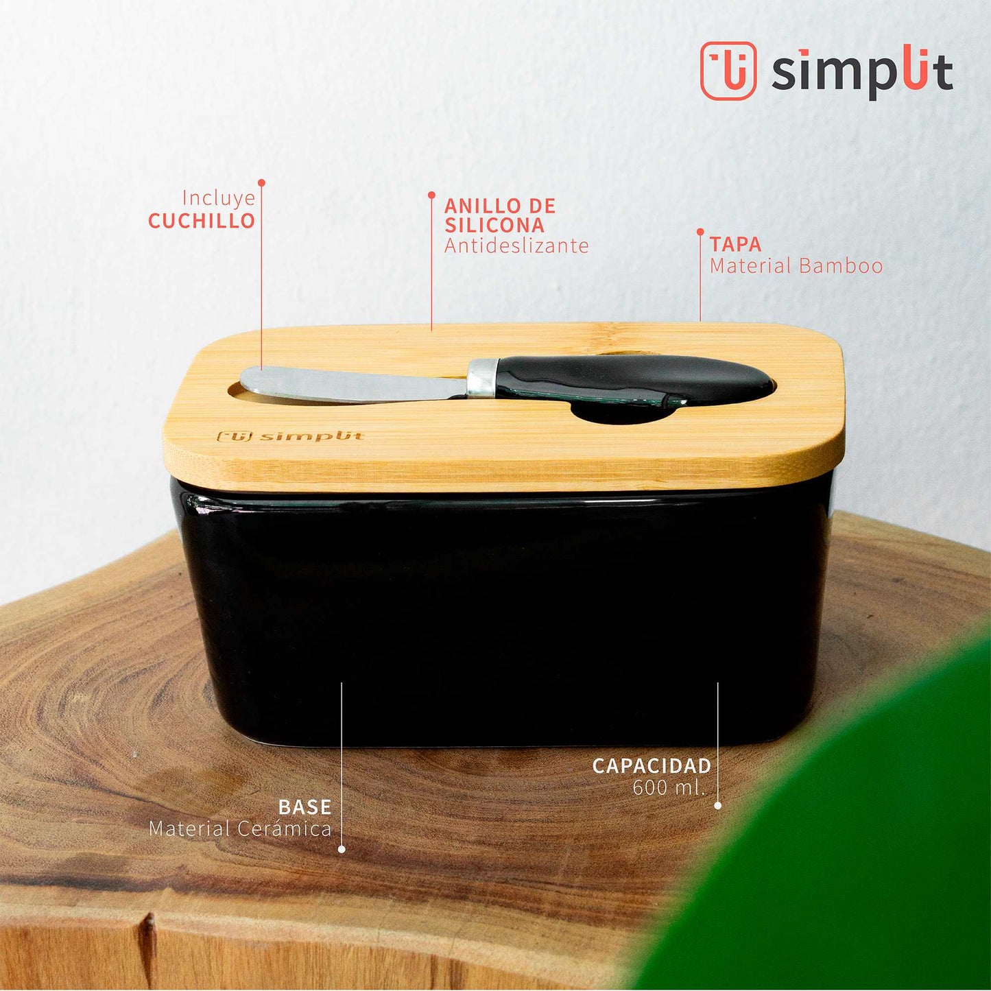 Mantequillero Cerámica Tapa Bamboo + Cuchillo 600 ml Simplit9#Blanco