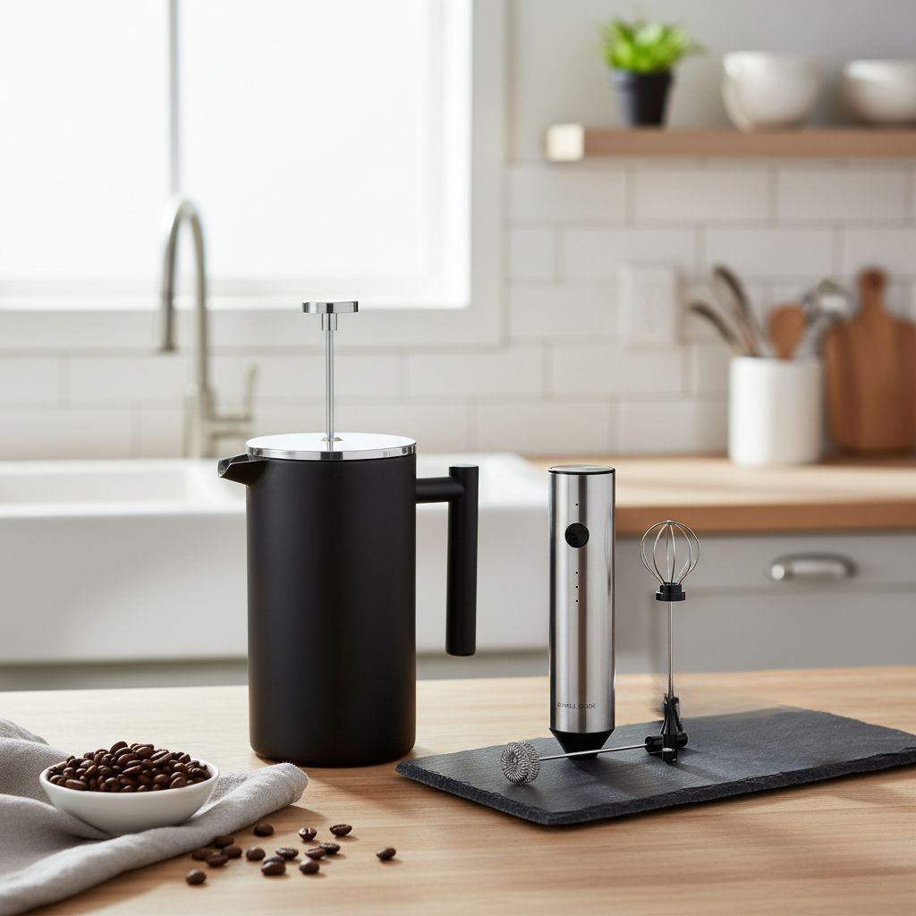Kit Espumador Inalámbrico Recargable Spuma + Cafetera Prensa Francesa Simple Cook Bolonia Negra