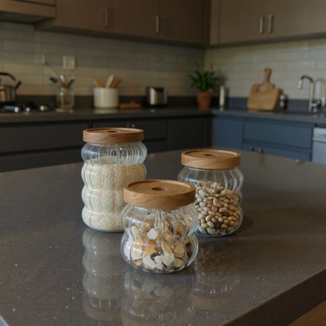 Set 3 Frascos de Vidrio Tapa Madera Santú Home & Deco4#Marrón