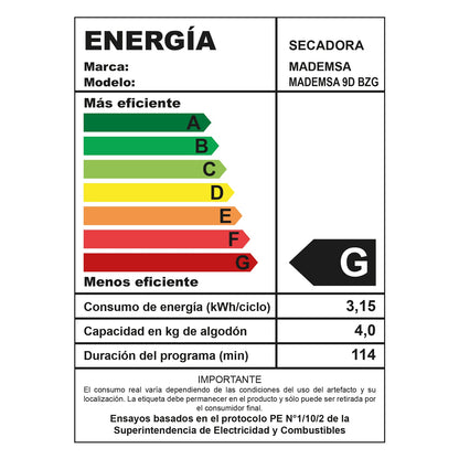 Secadora de Ropa 9 Kg Carga Frontal con Secado Automático 9D BZG Mademsa7#Blanco