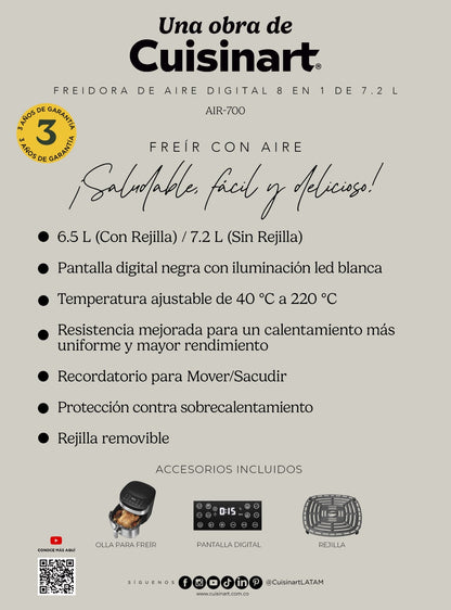 Freidora De Aire 8 En 1 AIR700CL 7.2 Lts Cuisinart8#Plateado