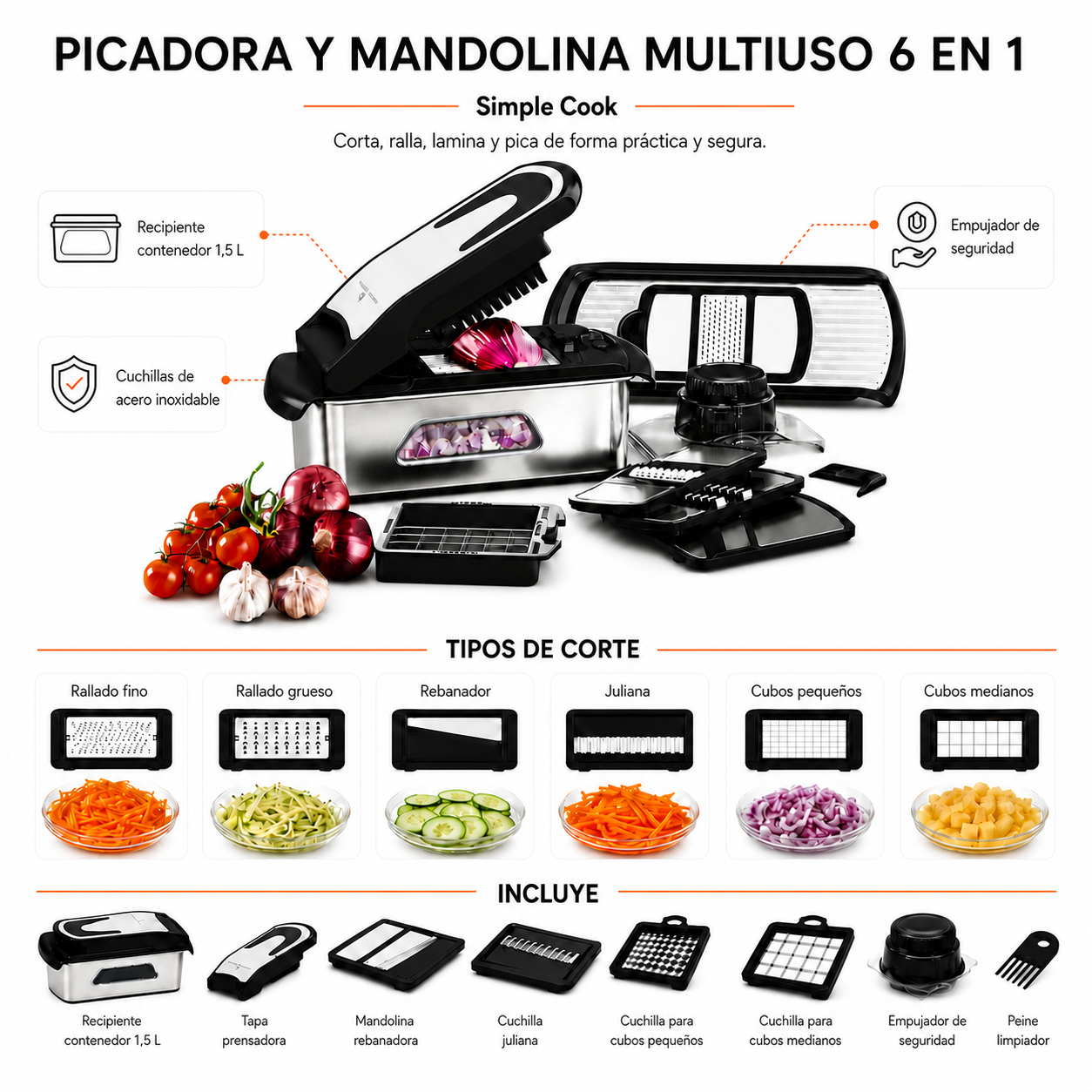 Picadora, Mandolina Multiuso 6 en 1 Simple Cook