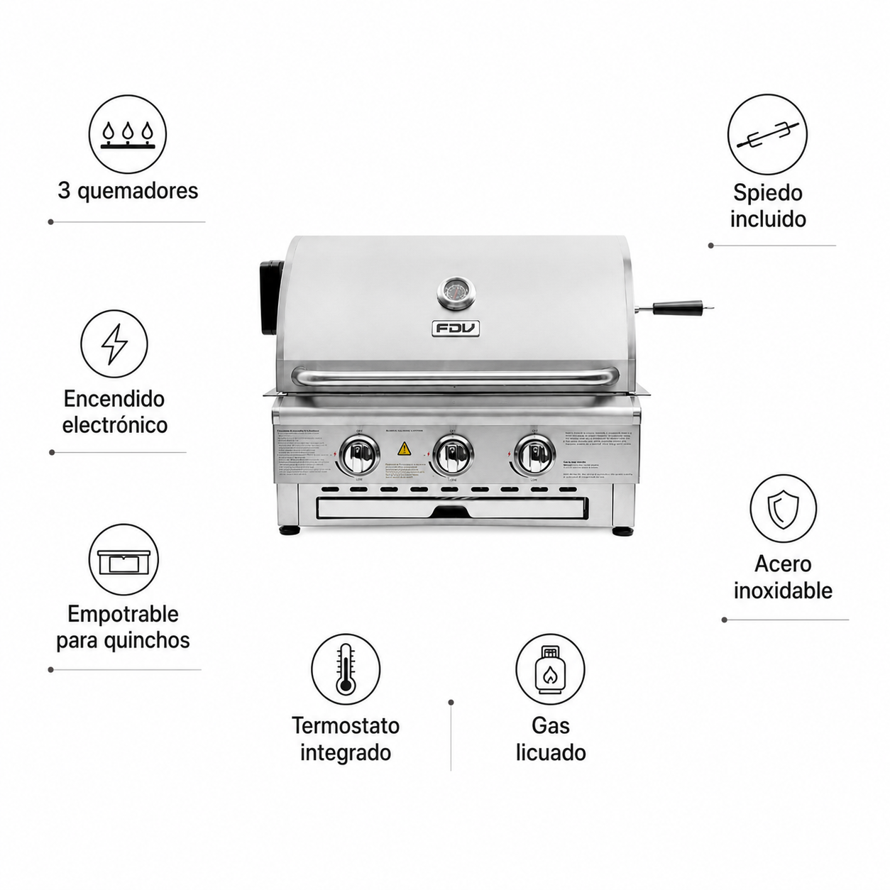 Parrilla Deluxe 3Q Gas Licuado + Spiedo FDV