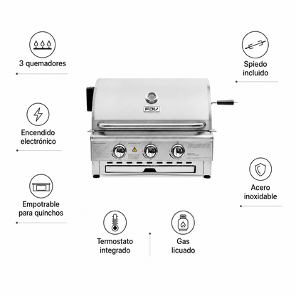 Parrilla Deluxe 3Q Gas Licuado + Spiedo FDV