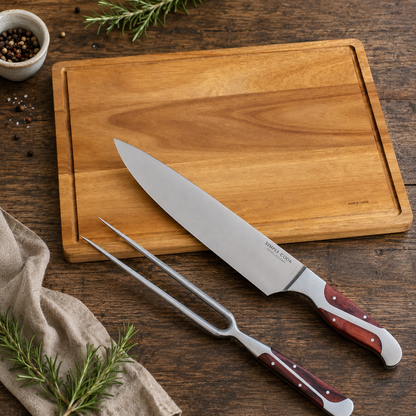 Set Cuchillos Simple Cook 2pzs Texas + Tabla Madera Acacia 45 cms Simple Cook