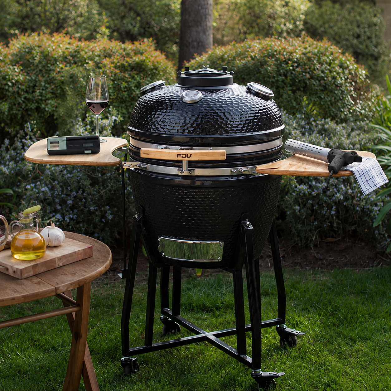 Parrilla Kamado FDV Tokio Black + Encendedor de carbón Charcoal + Termómetro Bluetooth para Carne Simple Cook