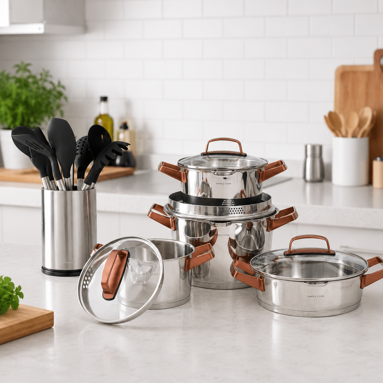 Bateria Simple Cook Niza cobre 8 pzs + Set de Utensilios Cuisine Negro 10pzs Simple Cook