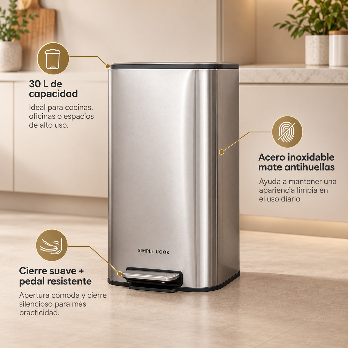 Basurero con Pedal Mate y Acabado Anti Huellas 30 Lts Simple Cook