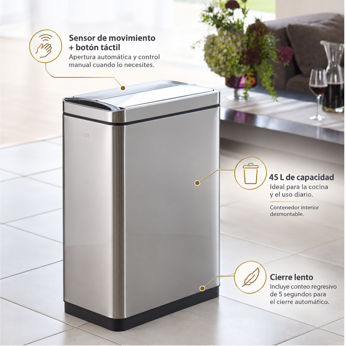 Basurero Phantom SS con Sensor 45 Lts