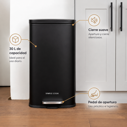 Basurero Con Pedal Negro Mate 30 Lts Simple Cook