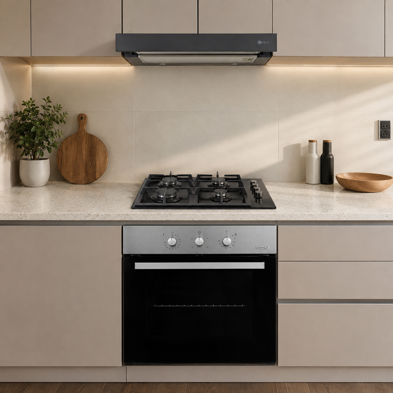 Campana Kubli Neu Flow Black + Encimera FDV Crystal 4G 60 BUT 2.0 + Horno Empotrado Design 57 Lts FDV
