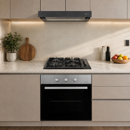 Campana Kubli Neu Flow Black + Encimera FDV Crystal 4G 60 NAT 2.0 + Horno Empotrado Design 57 Lts FDV