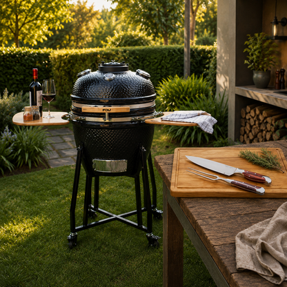 Parrilla Kamado FDV Tokio Black + Set Cuchillos 2pzs Texas + Tabla Madera Acacia 45 cms Simple Cook
