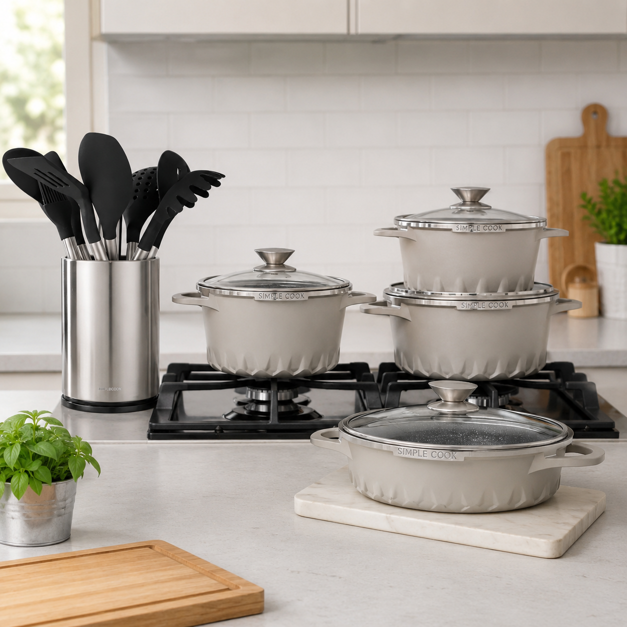 Bateria Simple Cook Mont Blanc 9 pzs + Set de Utensilios Cuisine Negro 10pzs Simple Cook
