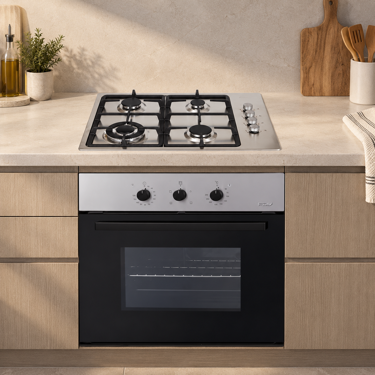 Encimera FDV Design 4T GLTX 65 NAT 2.0 + Horno Empotrado Design 60 Lts FDV