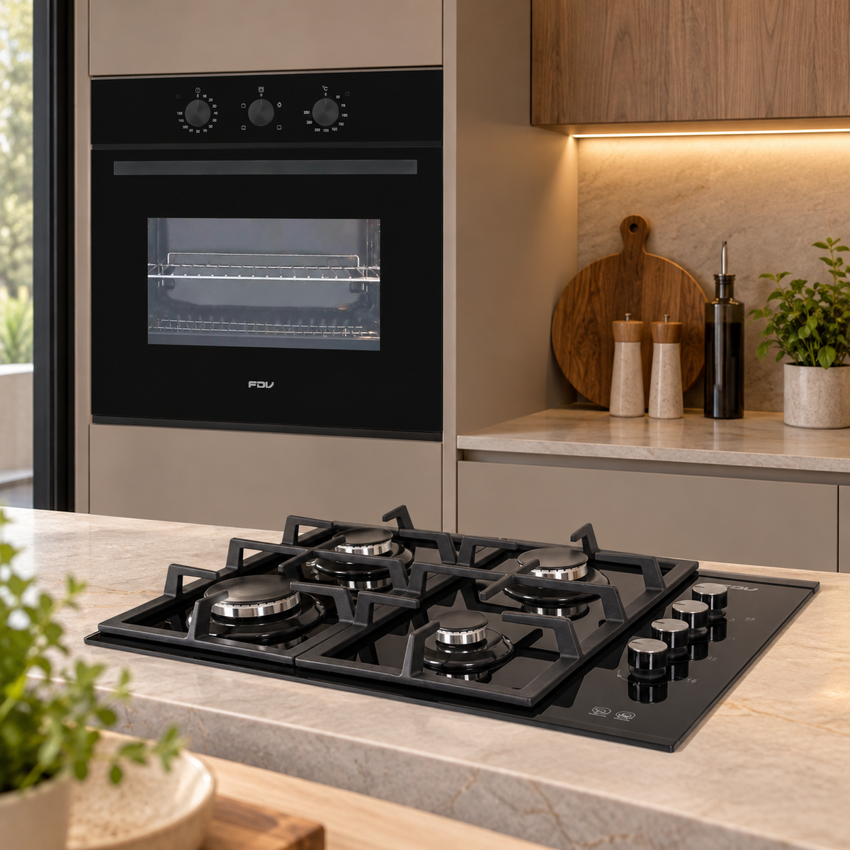 Kit Encimera FDV Crystal 4G 60 NAT 2.0 + Horno Empotrado Design Black 57 Lts FDV