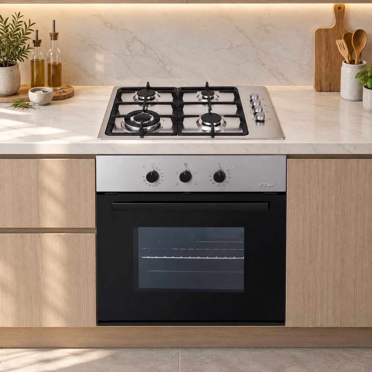 Kit Encimera FDV Design 4T GLTX 65 BUT 2.0 + Horno Empotrado Design 57 Lts FDV
