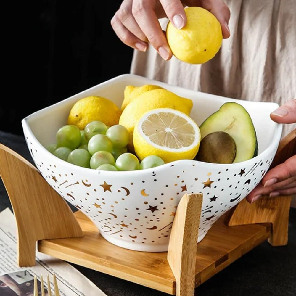 Ensaladera Redonda De Cerámica Con Soporte Santú Home & Deco2#Blanco