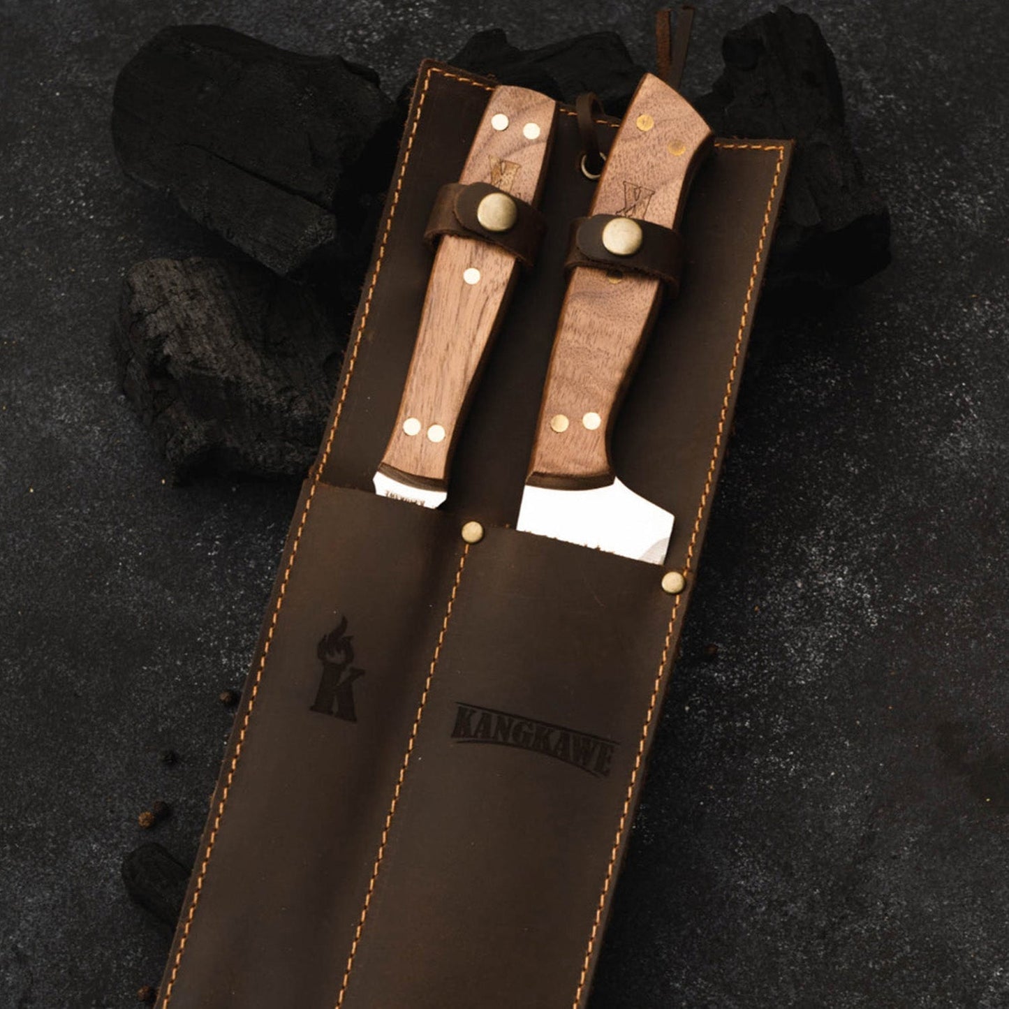 Set Tenedor + Cuchillo Parrillero F/Cuero Brown Kangkawe1#Acero