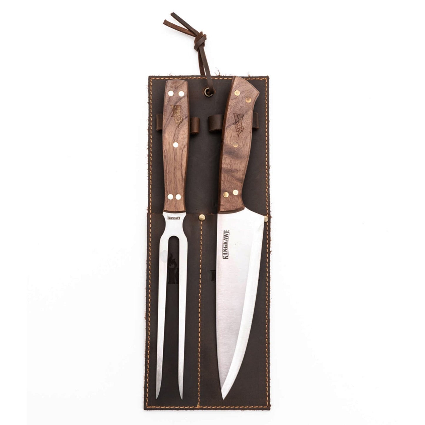 Set Tenedor + Cuchillo Parrillero F/Cuero Brown Kangkawe2#Acero