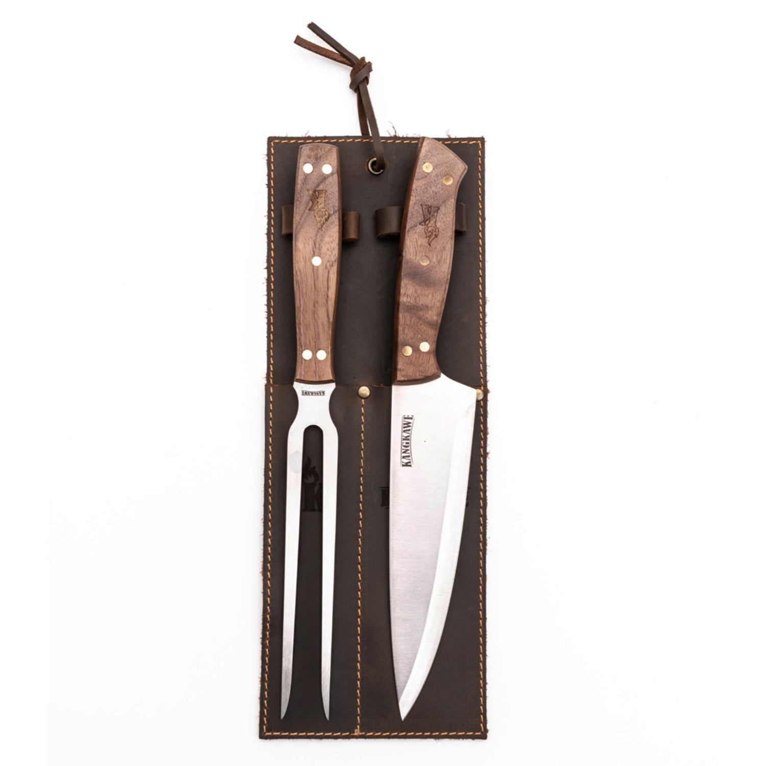 Set Tenedor + Cuchillo Parrillero F/Cuero Brown Kangkawe2#Acero