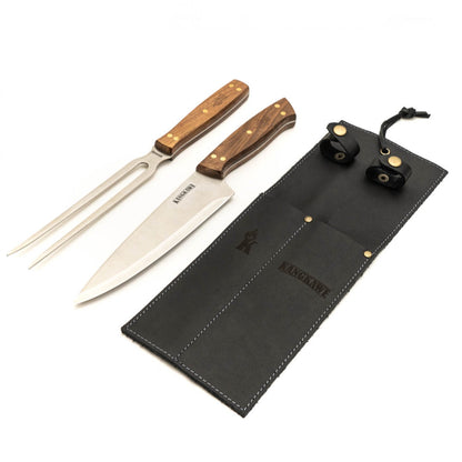 Set Tenedor + Cuchillo Parrillero F/Cuero Black Kangkawe1#Acero