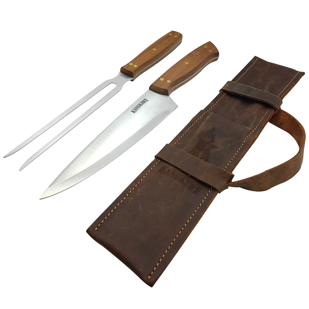 Set Tenedor + Cuchillo Parrillero Funda Cuero Kangkawe2#acero