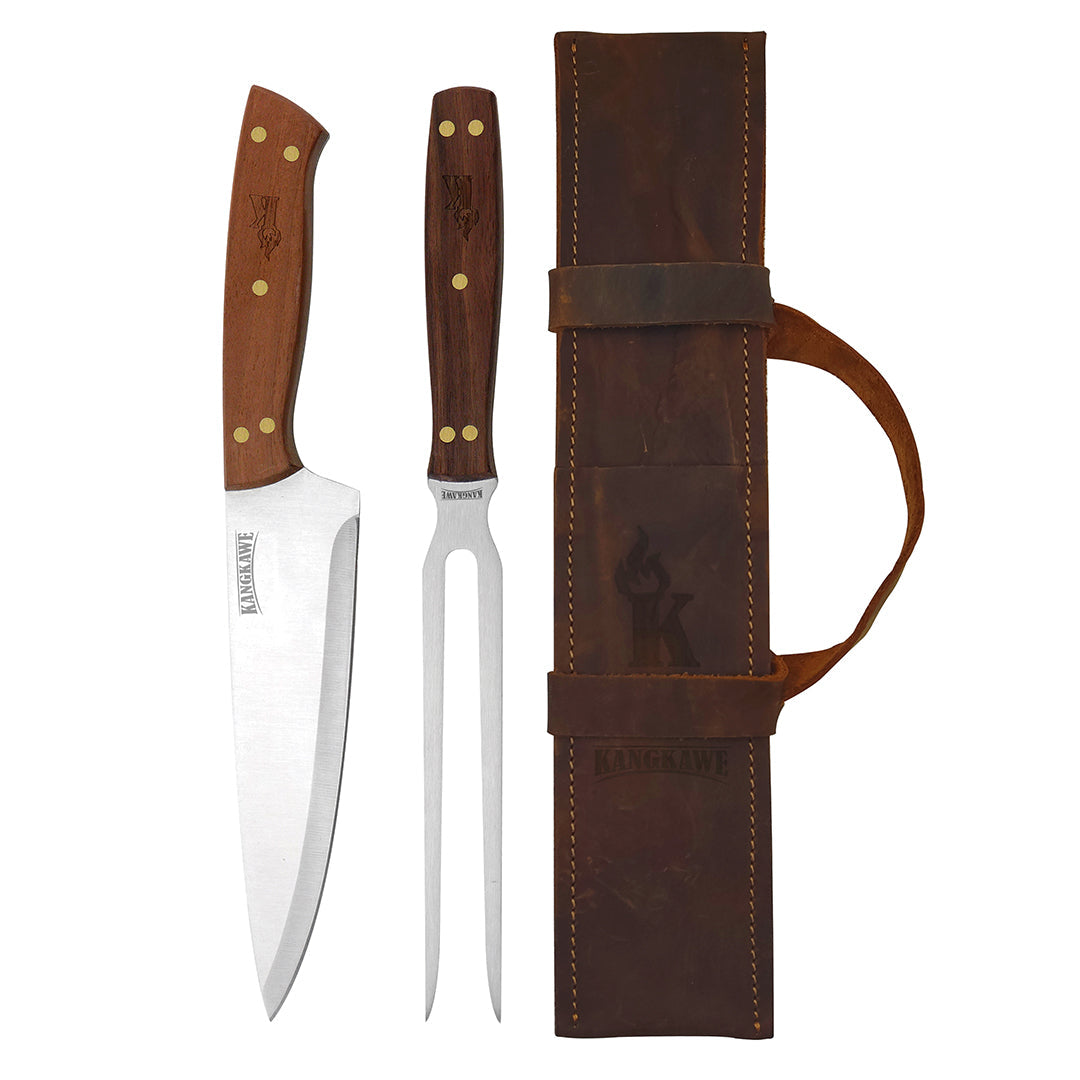 Set Tenedor + Cuchillo Parrillero Funda Cuero Kangkawe1#acero