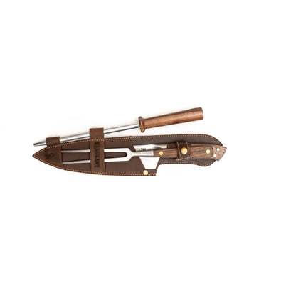 Kit Trilogia En Cuero: Pincho Pro + Cuchillo Catemu + Astil Kangkawe2#Acero