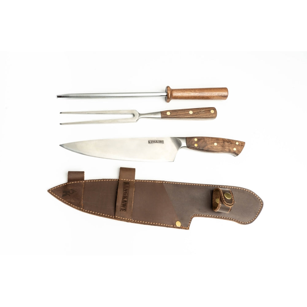 Kit Trilogia En Cuero: Pincho Pro + Cuchillo Catemu + Astil Kangkawe1#Acero