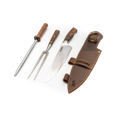 Kit Trilogia En Cuero: Pincho Pro + Cuchillo Catemu + Astil Kangkawe3#Acero